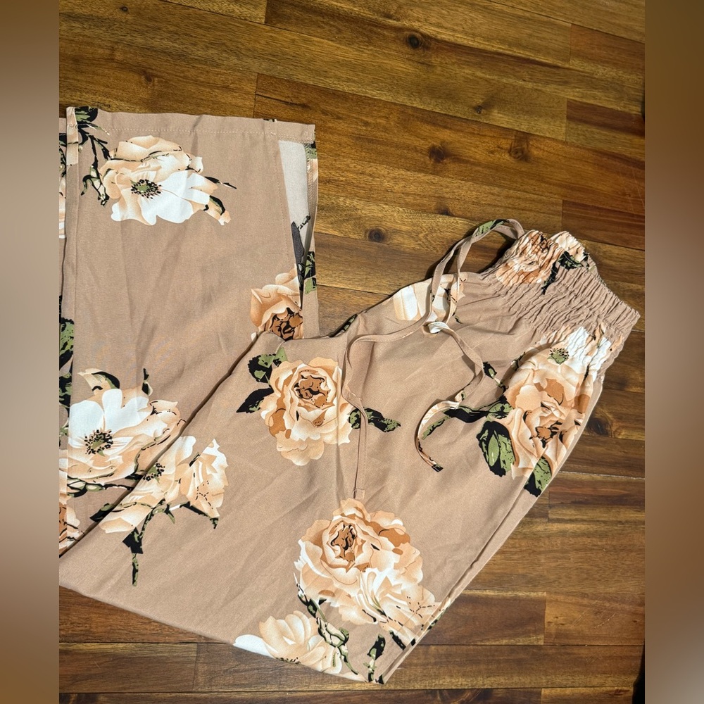 SHEIN Tan Pants with Elegant Floral Design